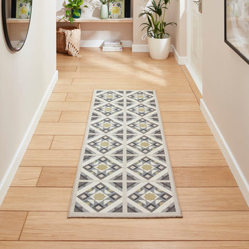 Washable Victoria H1187 Modern Vintage Diamond Tile Lattice Star Lightweight Printed Polyester Flatweave Grey/Yellow Rug-Think Rugs-Rug Love - The Most Loved Rug Store
